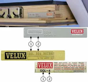 Vier Velux menen vensteridentificatieplaatjes worden getoond elk gelabeld met nummers die verwijzen naar het venstertype en de maatcodes en laten zien waar u modeldetails op Velux dakvensters kunt vinden en lezen