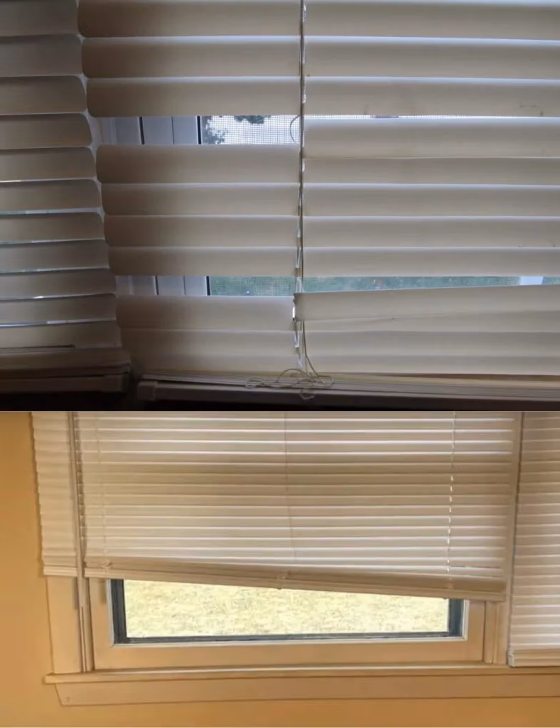 Aluminium jaloezie met verbogen lamellen voor en na herstelling – raamdecoratie herstellen voor klanten in Bellegem