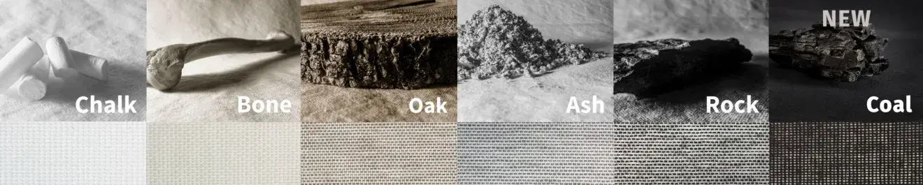 SQUID kleurenoverzicht: chalk, bone, oak, ash, rock en coal met bijpassende stofstructuur