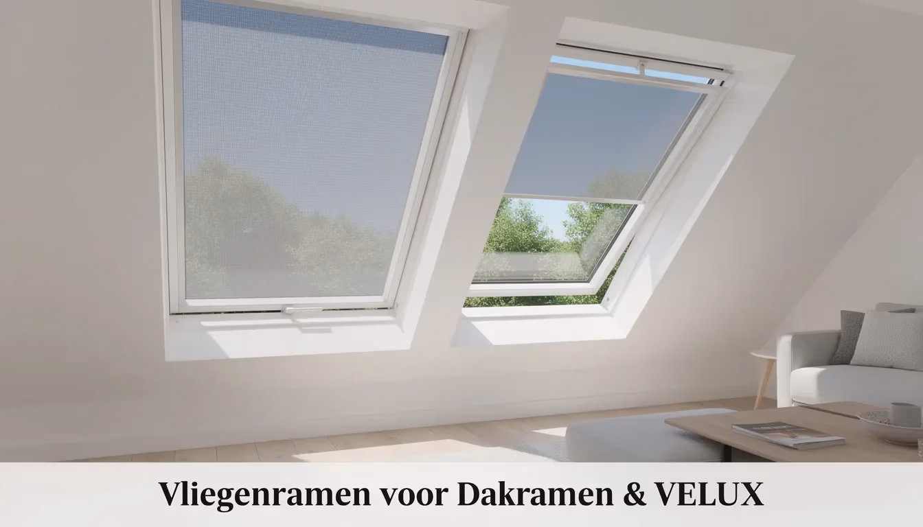 Vliegenramen functionaliteit voor VELUX-dakramen — millimeter nauwkeurig EOSOL maatwerk met strakke dagopening in standaard RAL-kleuren