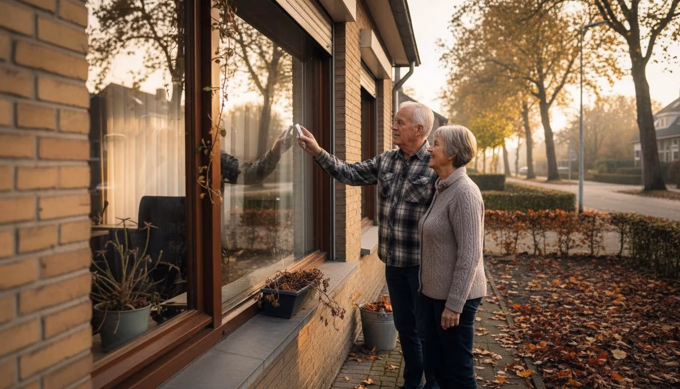 Een ouder echtpaar laat het rolluik zakken bij hun eengezinswoning   RDT Concept