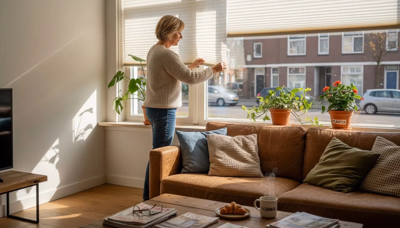 Een vrouw stelt het plisségordijn bij in de woonkamer   RDT concept