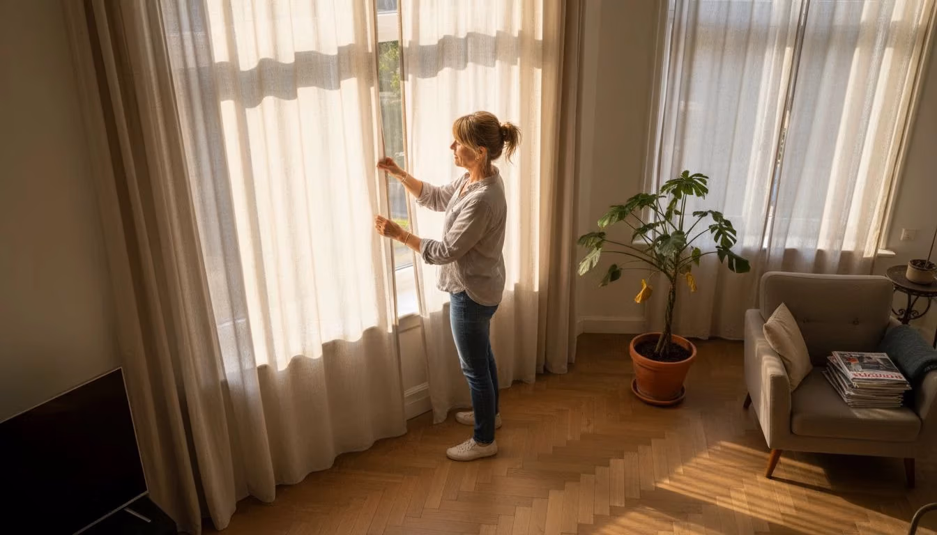 Een vrouw schuift de gordijnen open in haar lichte zonnige woonkamer   RDT concept