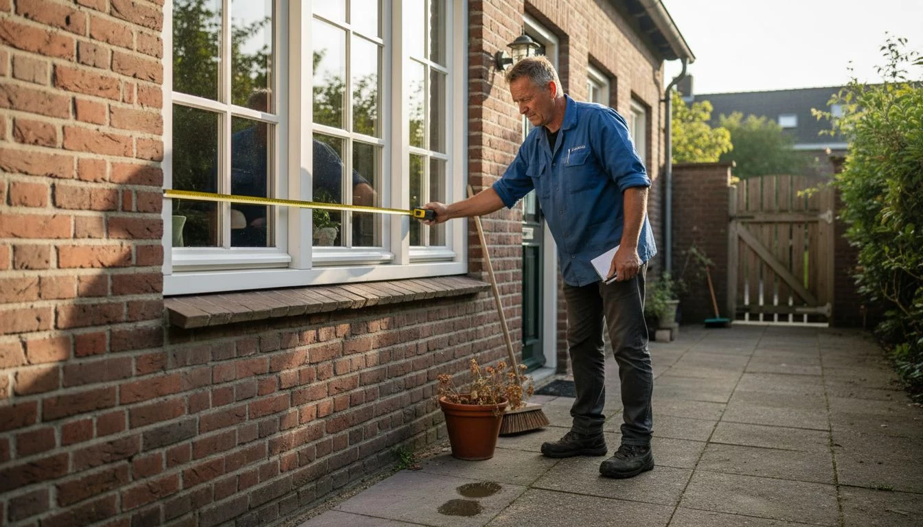 Een man meet het raam op om een zonwering te kunnen plaatsen   RDT concept