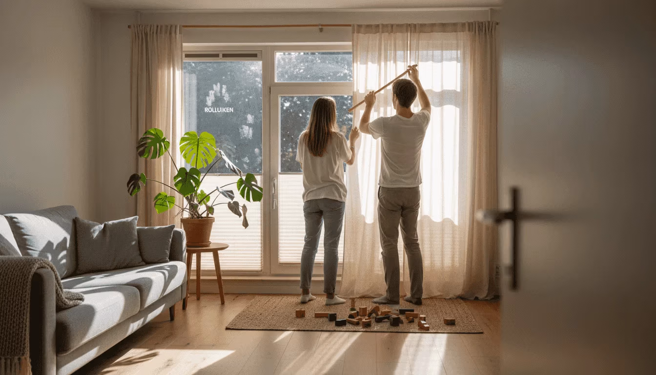 Een gezin geniet samen van een lichte woonkamer met zowel gordijnen als rolluiken   RDT concept