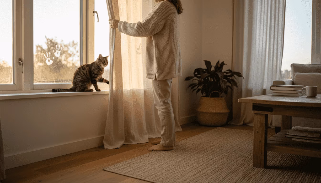 Een vrouw trekt de gordijnen dicht in haar zonnige woonkamer   RDT concept