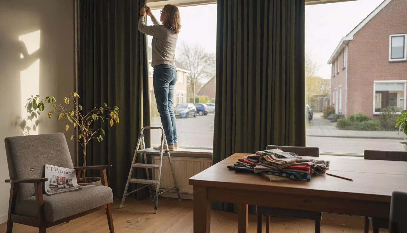 In een zonnige woonkamer hangt een vrouw nieuwe gordijnen op   RDT concept
