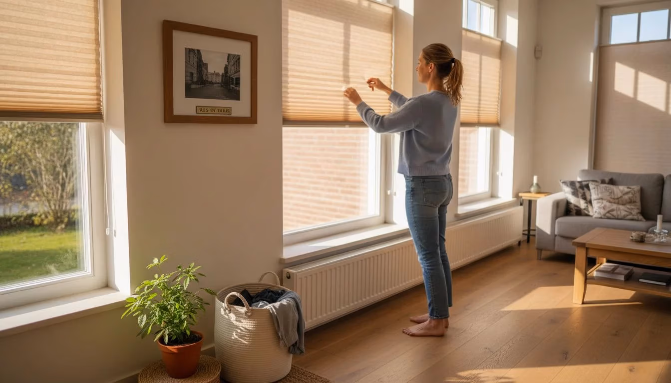 Een vrouw stelt de plisségordijnen bij in haar sfeervolle woonkamer   RDT concept