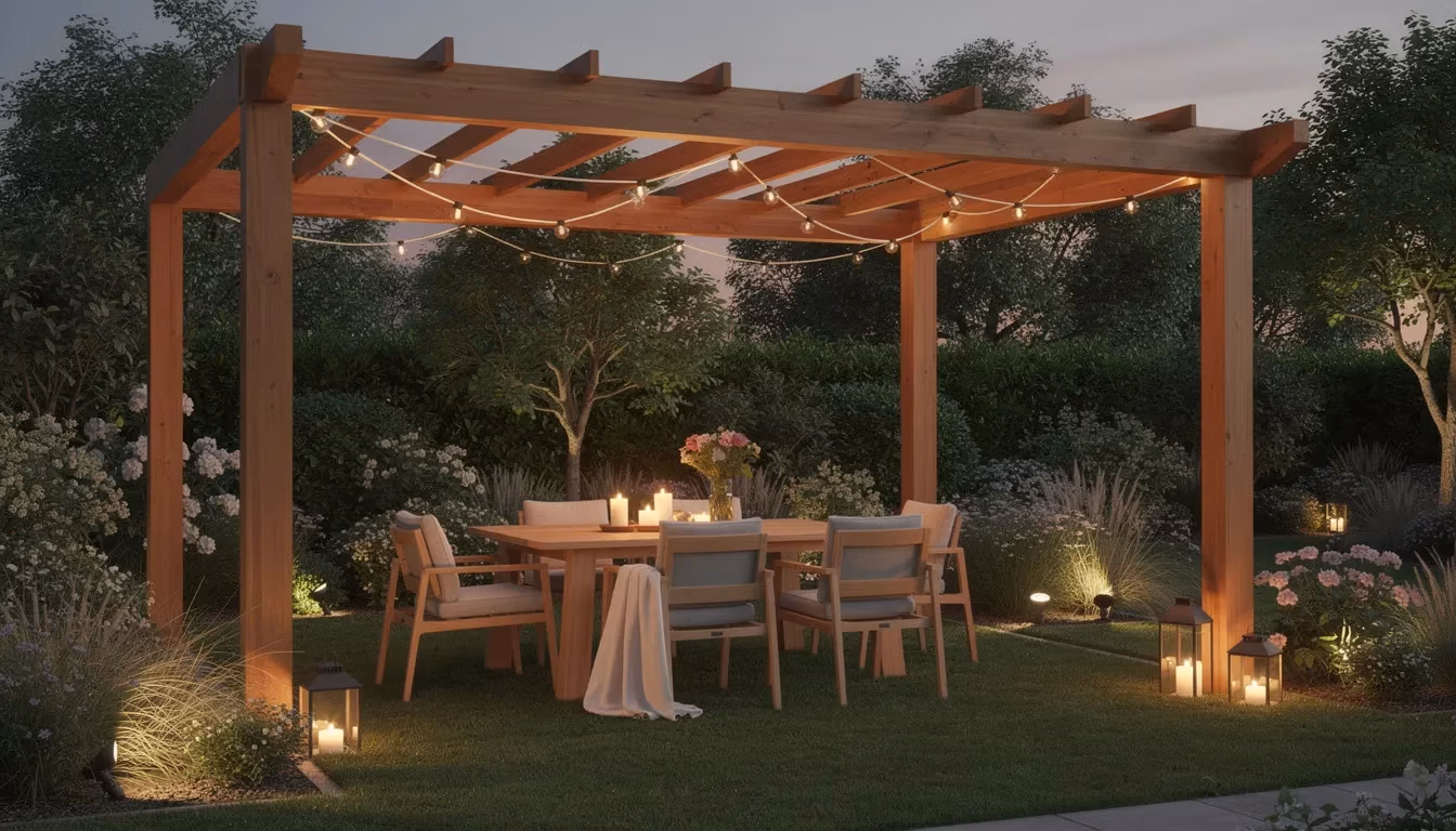 Pergola kopen — stijlvolle houten variant in groene tuin met eethoek voor lange zomeravonden
