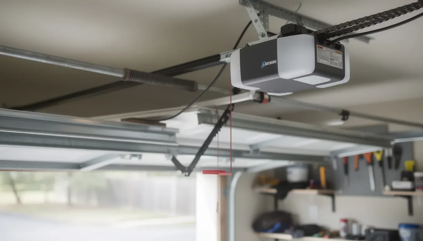 Een motor opent een sectionale garagepoort, waardoor de toegang tot de garage wordt vrijgegeven. De poort, gemaakt van staal in een moderne antracietkleur, biedt gebruiksgemak en zorgt voor een comfortabele toegang tot de ruimte.