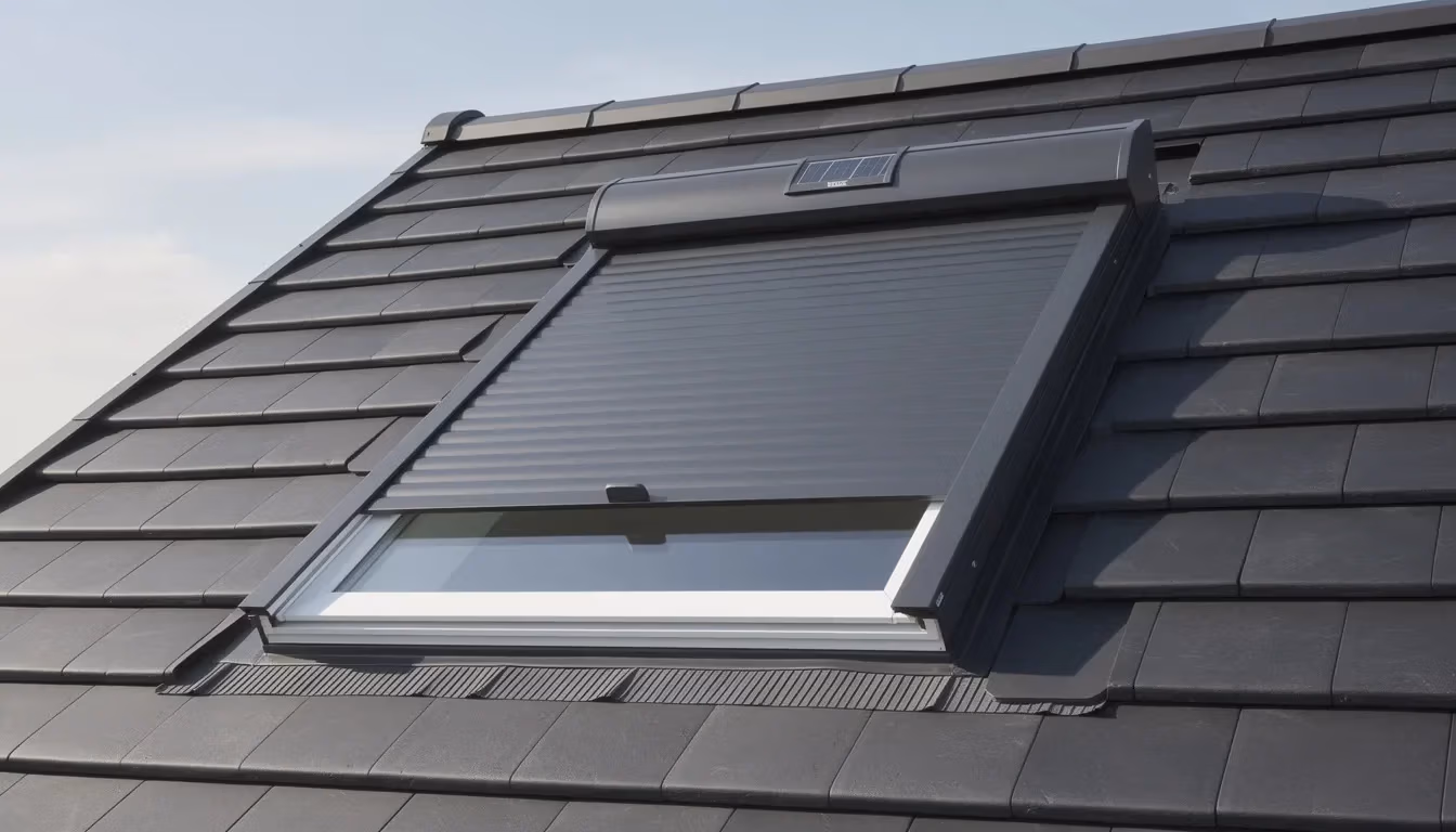 VELUX SSL rolluik op zonne-energie geplaatst door RDT Concept — biedt 100% verduistering en bescherming tegen warmte en extreme weersomstandigheden in een slaapkamer onder schuin dak