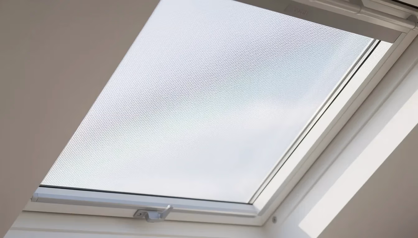 Vliegenraam VELUX close-up — fijnmazig muggengaas wit aluminium frame — RDT Concept West-Vlaanderen
