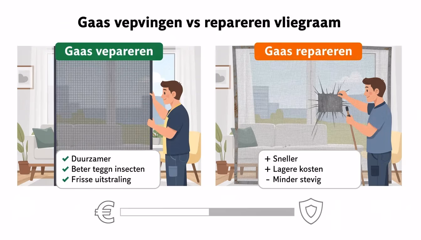 Vliegenramen Menen herstellen gids — vergelijking tussen vervangen en herstellen met petscreen gaas