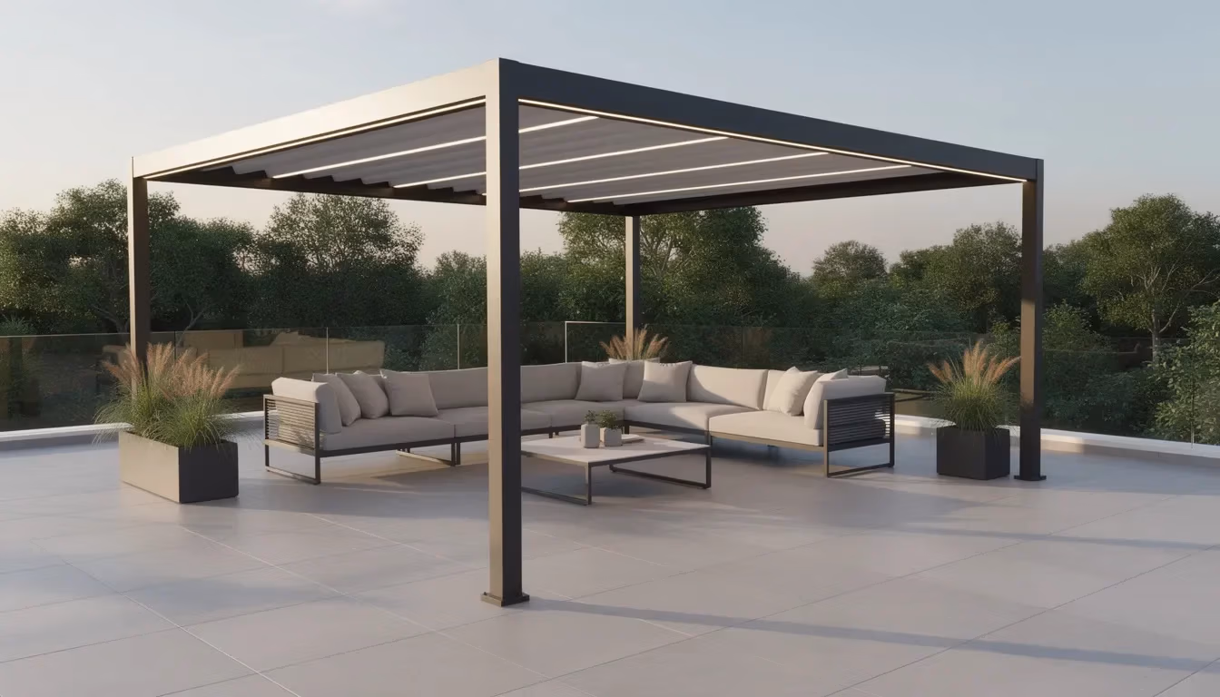 Pergola kopen — moderne aluminium variant met strakke lijnen op eigentijds terras