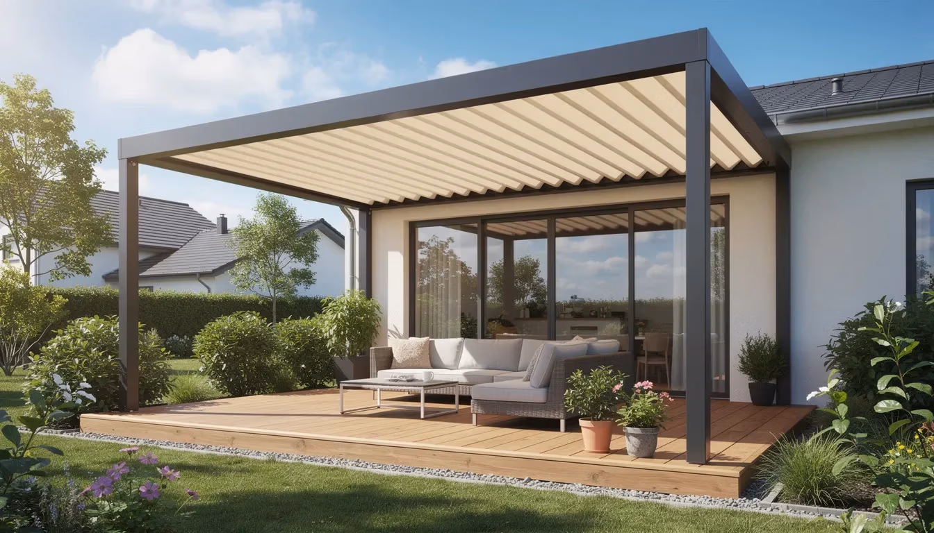 Zonwering veranda op een moderne glazen veranda met doek voor schaduw en comfort