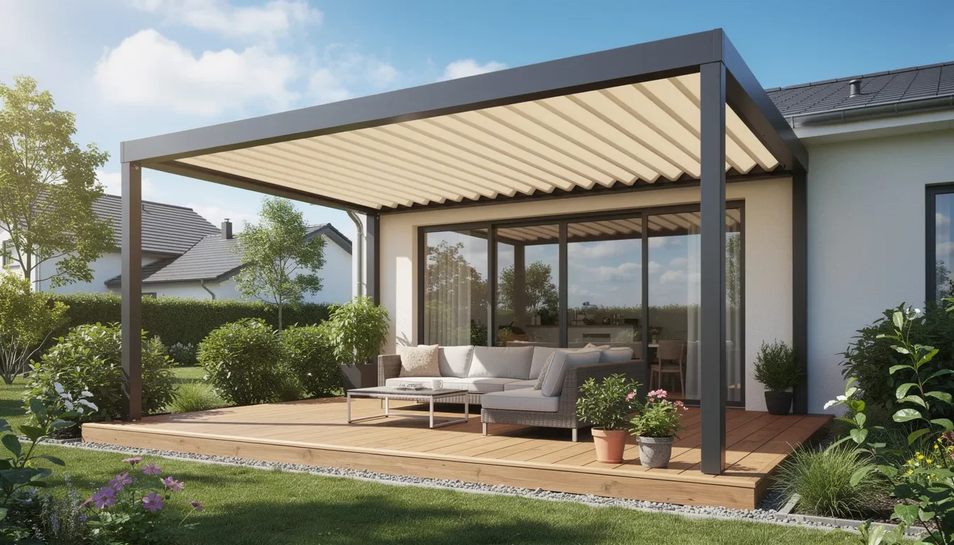 Een stijlvolle veranda met een elegant glazen dak, voorzien van zonwering die effectief schadelijke UV-stralen blokkeert op een zonnige dag. De ingenieuze ritssysteem zorgt voor extra schaduw en comfort, terwijl je geniet van het uitzicht.