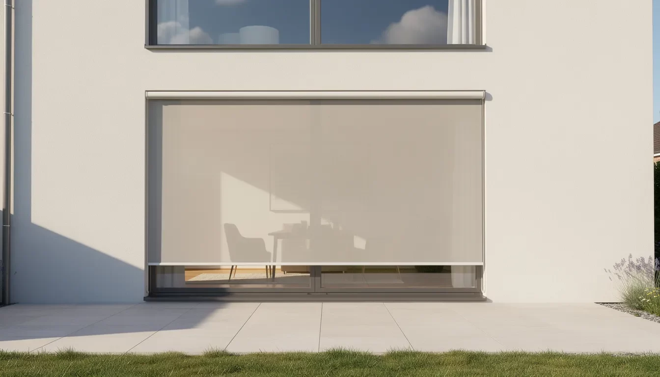 Een groot raam is voorzien van zonwerende screens die strak gespannen zijn, waardoor het zonlicht effectief wordt geblokkeerd en een aangenaam koel binnenklimaat ontstaat. De moderne uitstraling van de screens, die zijn gemonteerd met een aluminium frame, biedt niet alleen privacy maar ook een prachtig zicht naar buiten op deze zonnige dag.