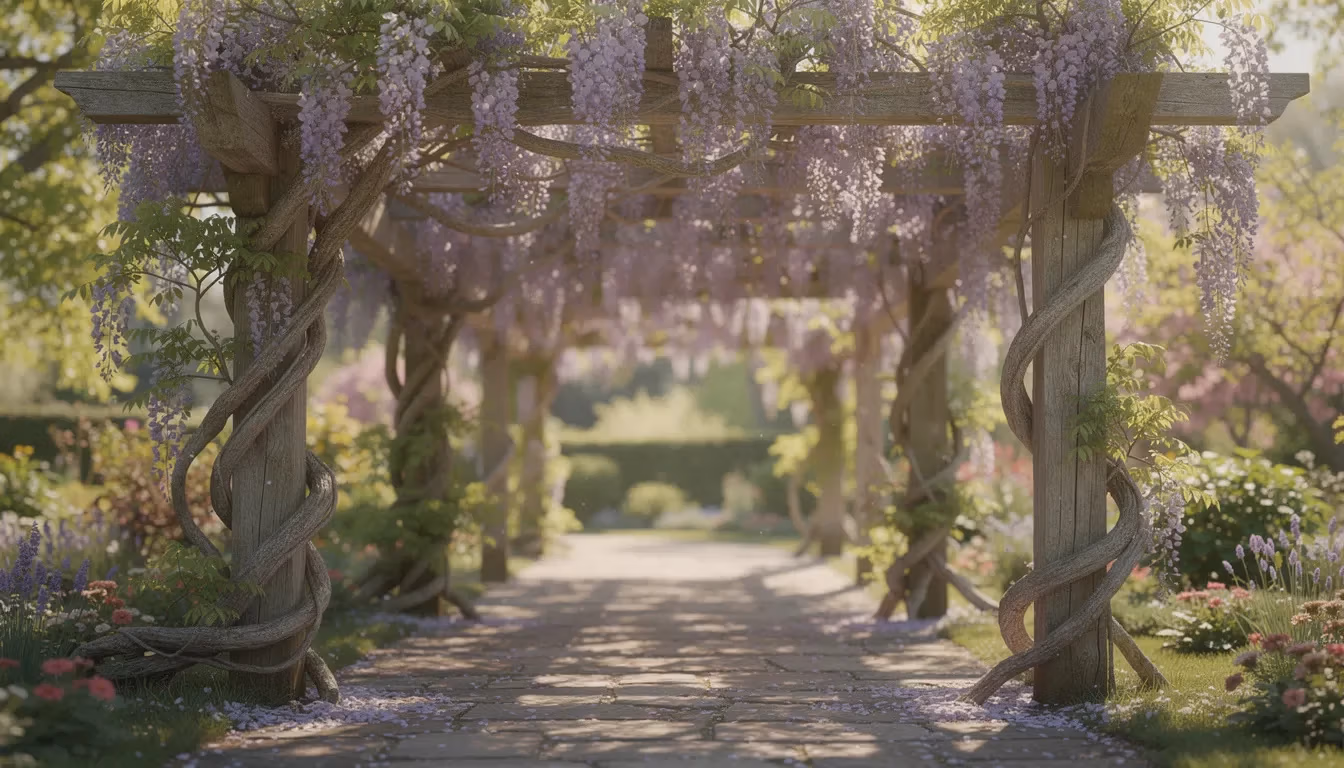 Pergola kopen met klimplanten — overwoekerd met paarse blauweregen voor schaduwrijke plek