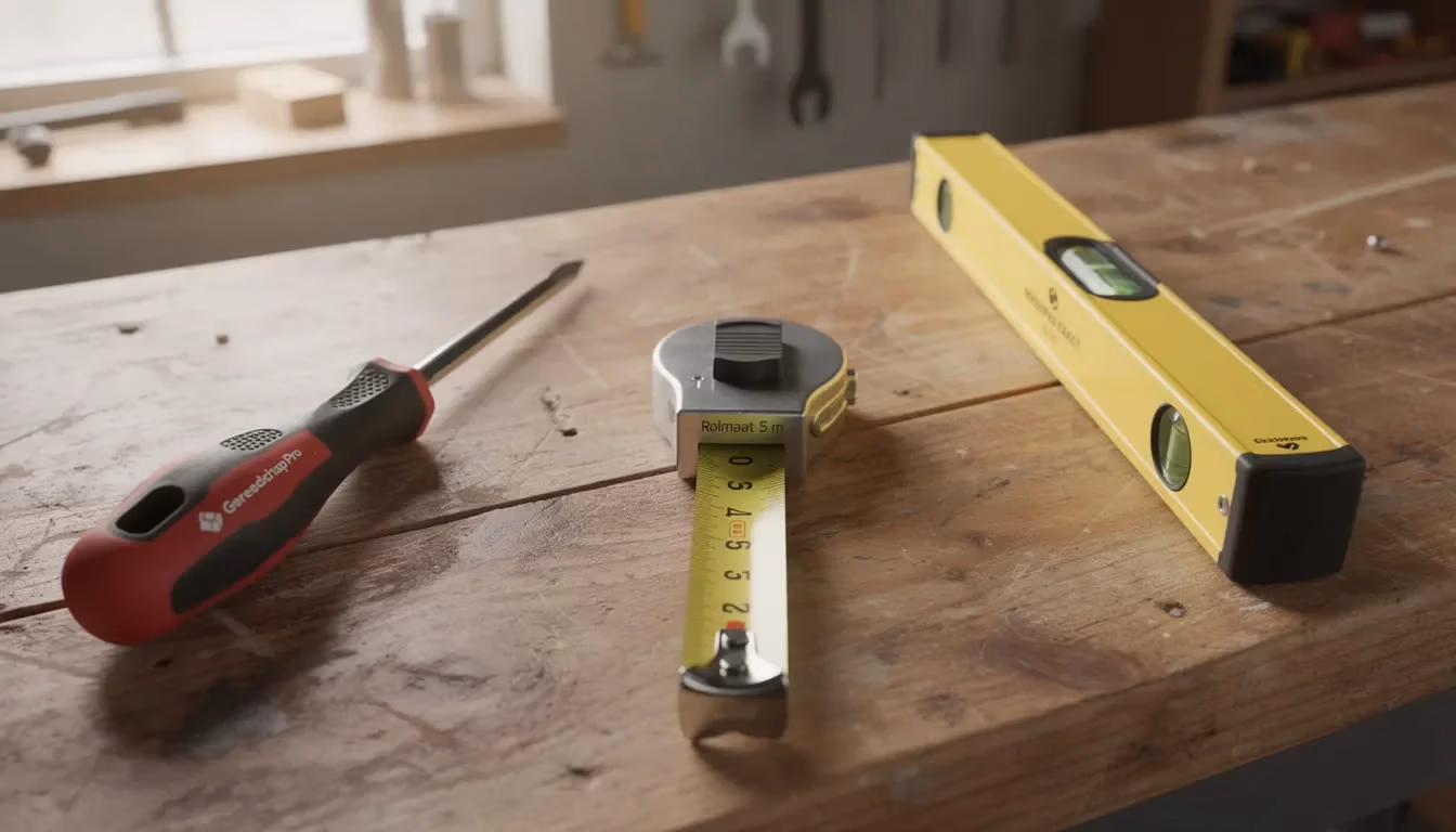 Gereedschap voor montage vliegenraam VELUX — schroevendraaier meetlint waterpas — RDT Concept