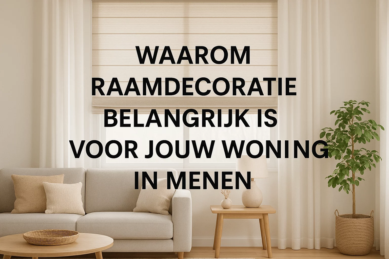 Waarom Raamdecoratie Belangrijk is voor Jouw Woning in Menen - RDT-concept Een moderne woonkamer met een lichte bank ronde houten salontafel plant in potten en een groot raam met beige jaloezieën Overlay tekst in het Nederlands luidt WAAROM RAAMDECORATIE BELANGRIJK IS VOOR JOUW WONING IN MENEN RDT concept