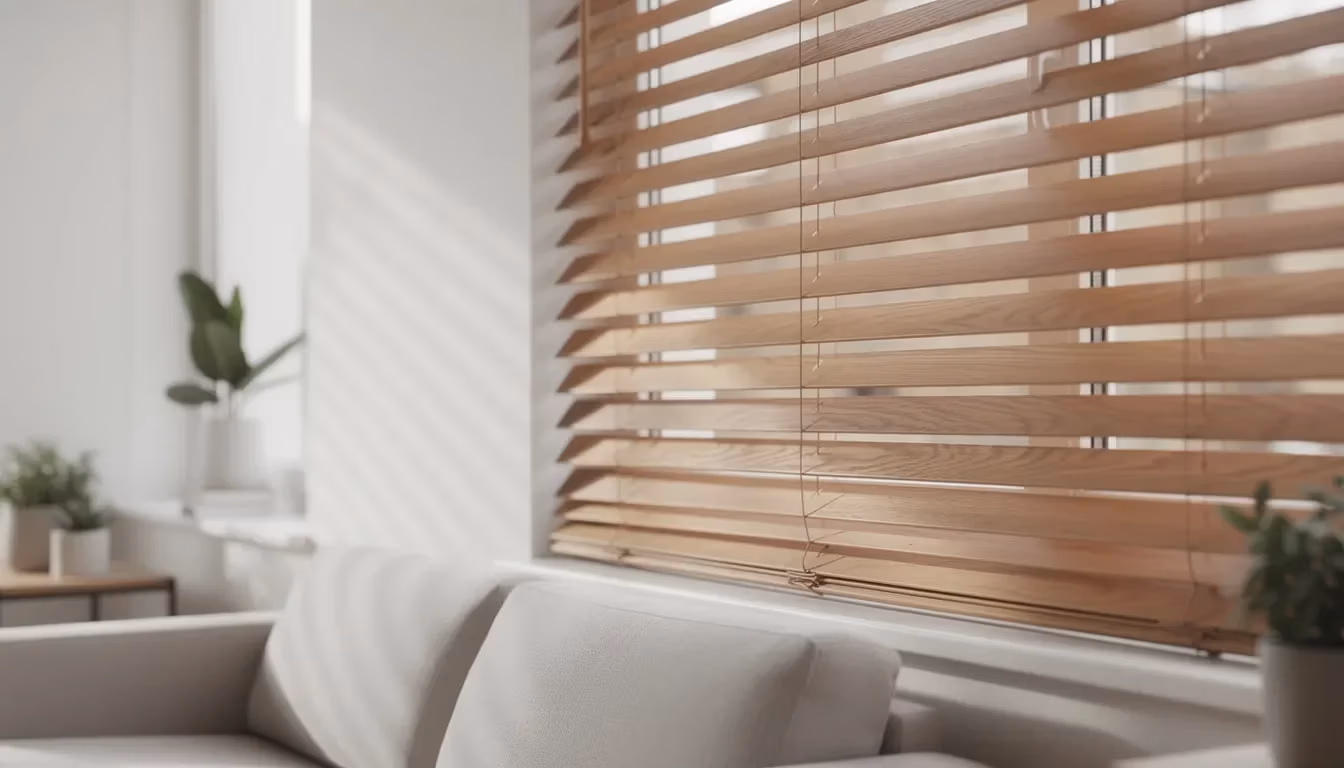 De afbeelding toont elegante houten jaloezieën die perfect passen in een moderne woonkamer. Deze raamdecoratie biedt zowel functionaliteit als stijl, waardoor het lichtinval en de privacy in de ruimte optimaal kunnen worden geregeld.