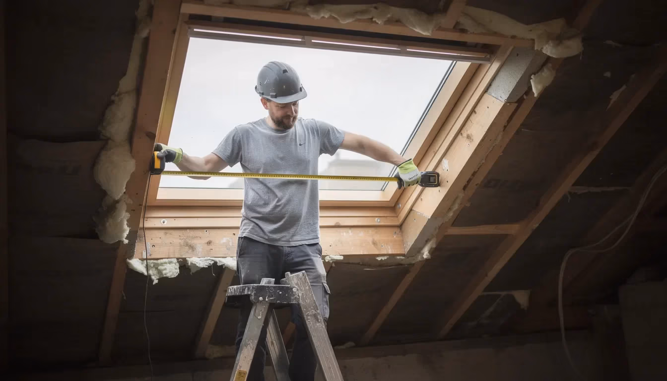 Vliegenraam VELUX opmeten — breedte dakraamopening meten met meetlint — RDT Concept West-Vlaanderen