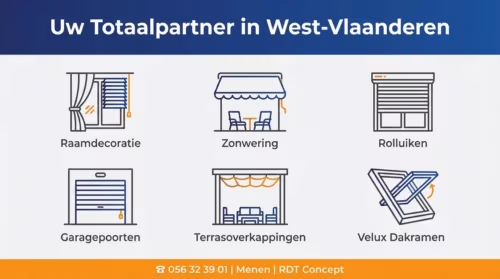 Geïllustreerde pictogrammen en tekst tonen diensten raamdecoratie zonwering rolluiken garagedeuren terrasoverkappingen en Velux dakramen Uw Totaalpartner in West Vlaanderen   contact rdt concept voor raamdecoratie Menen Contact info hieronder   RDT concept