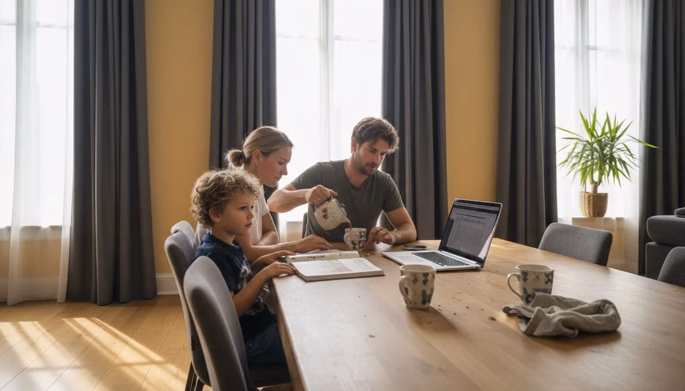 Een gezin geniet van hun nieuwe raamdecoratie in hun huis in West Vlaanderen   RDT concept