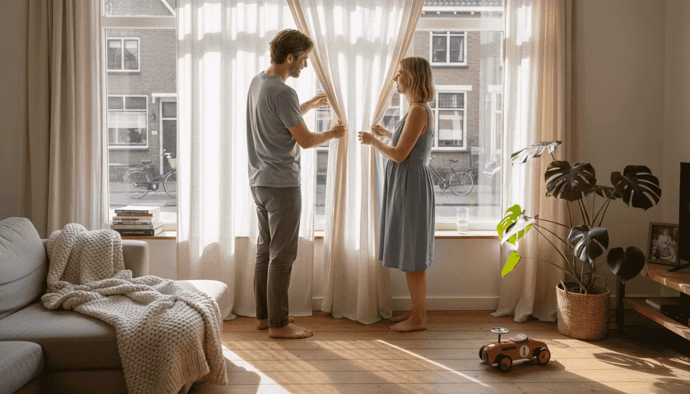 Een stel dat samen de gordijnen recht hangt in een knusse woonkamer   RDT concept