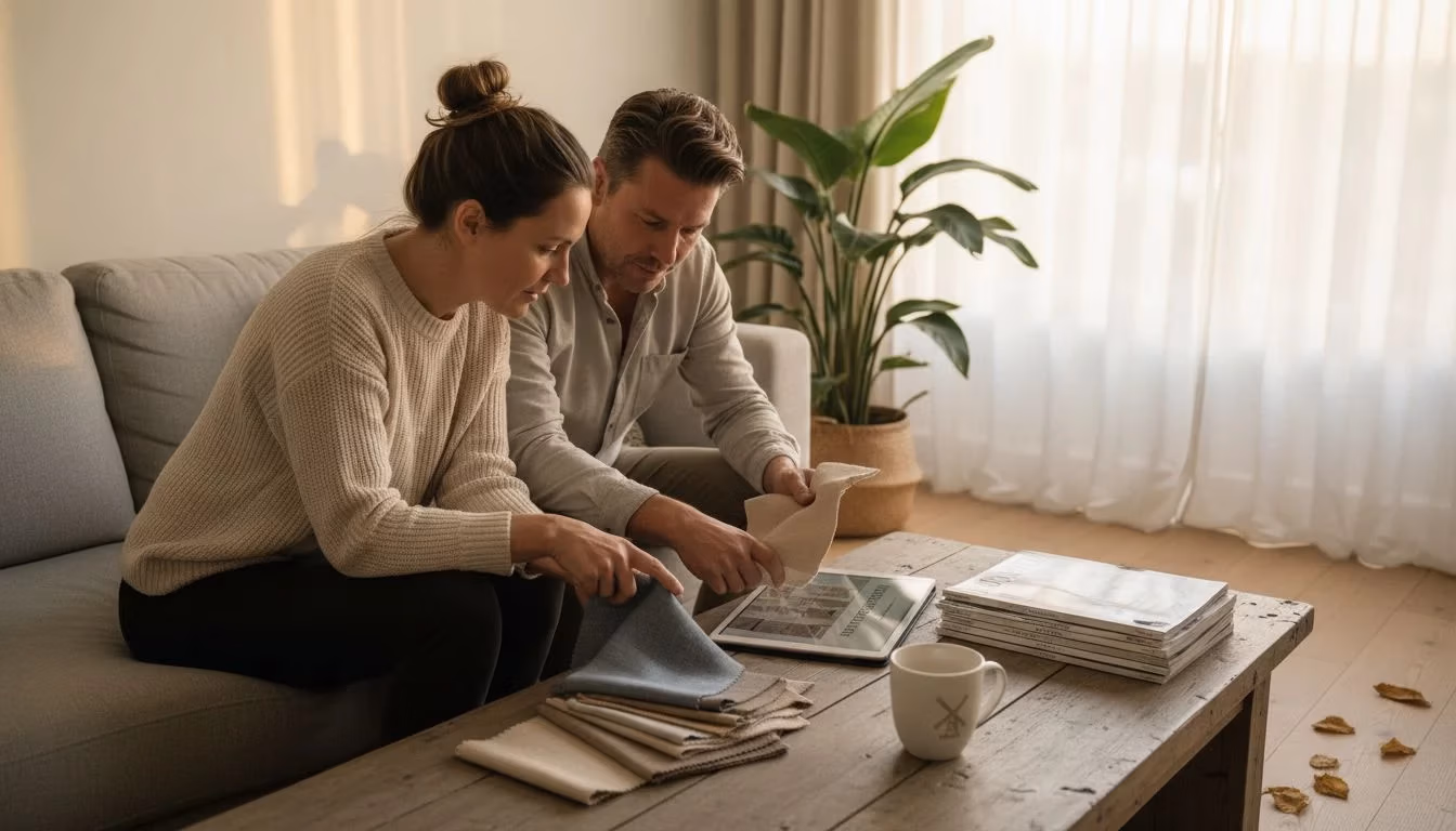 Een stel bekijkt samen welke energiebesparende gordijnen het beste bij hun huis passen   RDT concept