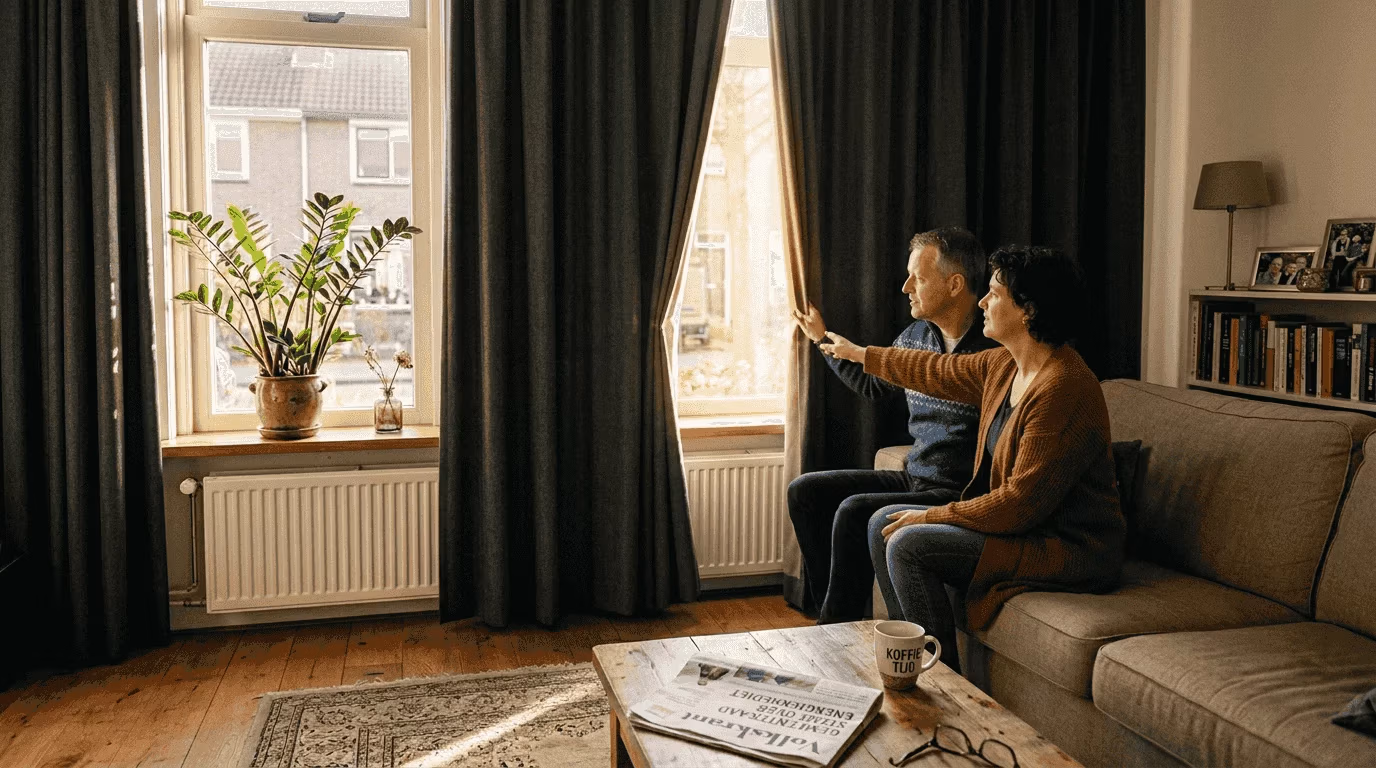 Een stel trekt de isolerende gordijnen dicht om de zon buiten te houden in de woonkamer   RDT concept