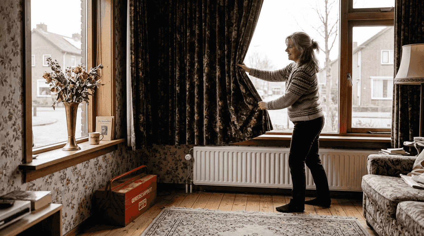 Een vrouw schuift de zware gordijnen open voor het grote raam   RDT concept