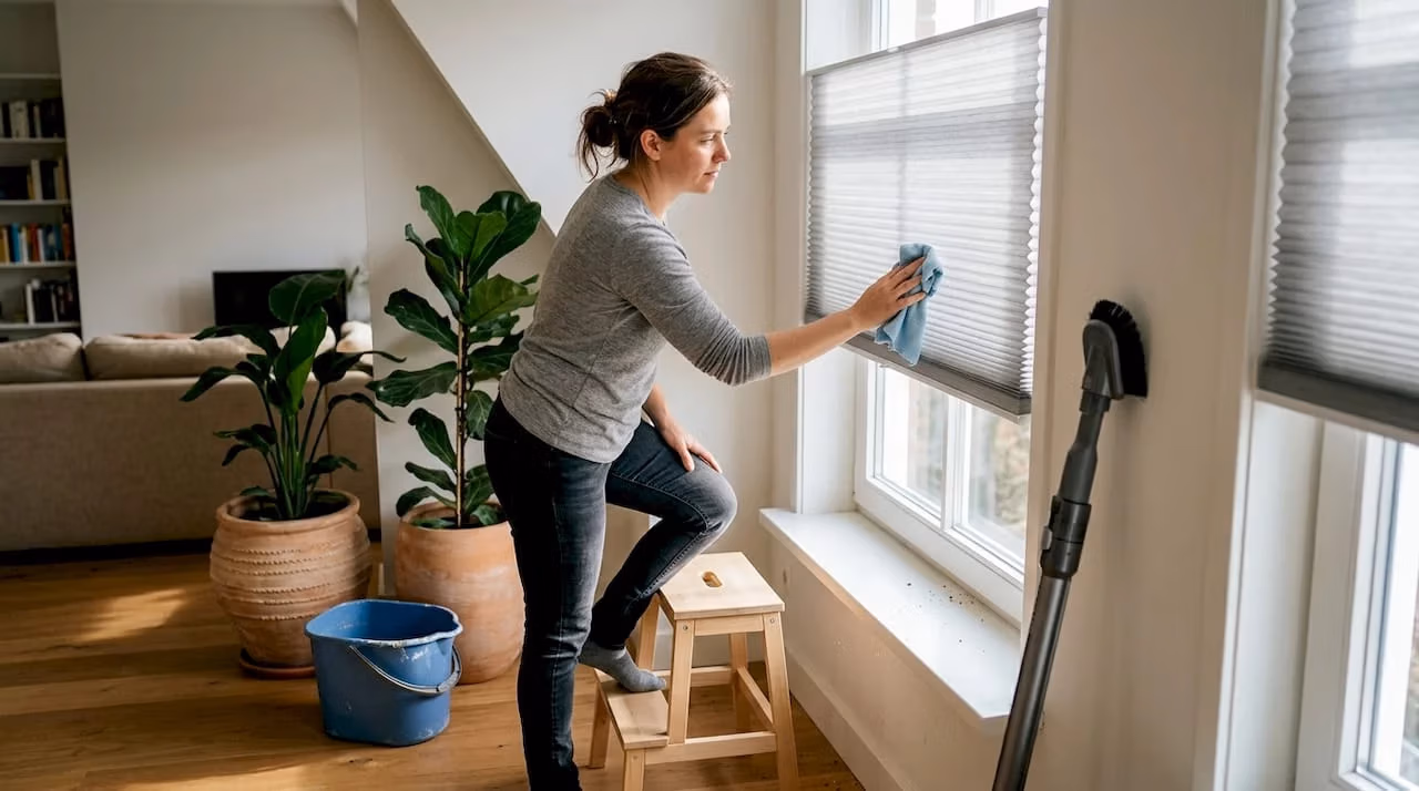 Een vrouw maakt de plisségordijnen in de woonkamer schoon   RDT concept