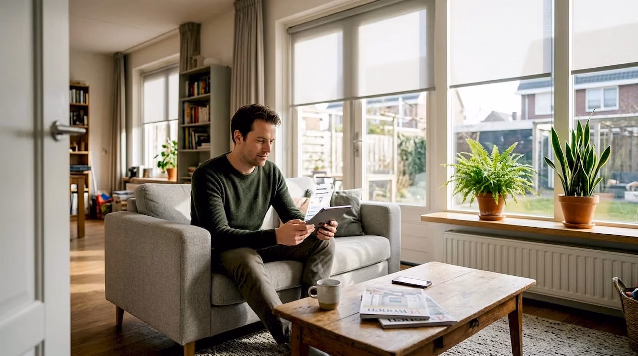 Een man stelt de automatische zonwering in zijn woonkamer in   RDT concept