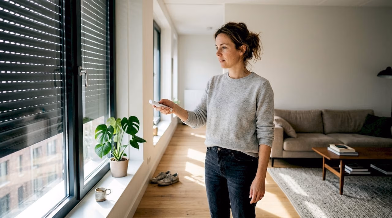Een vrouw laat de elektrische rolluiken in de woonkamer zakken   RDT concept