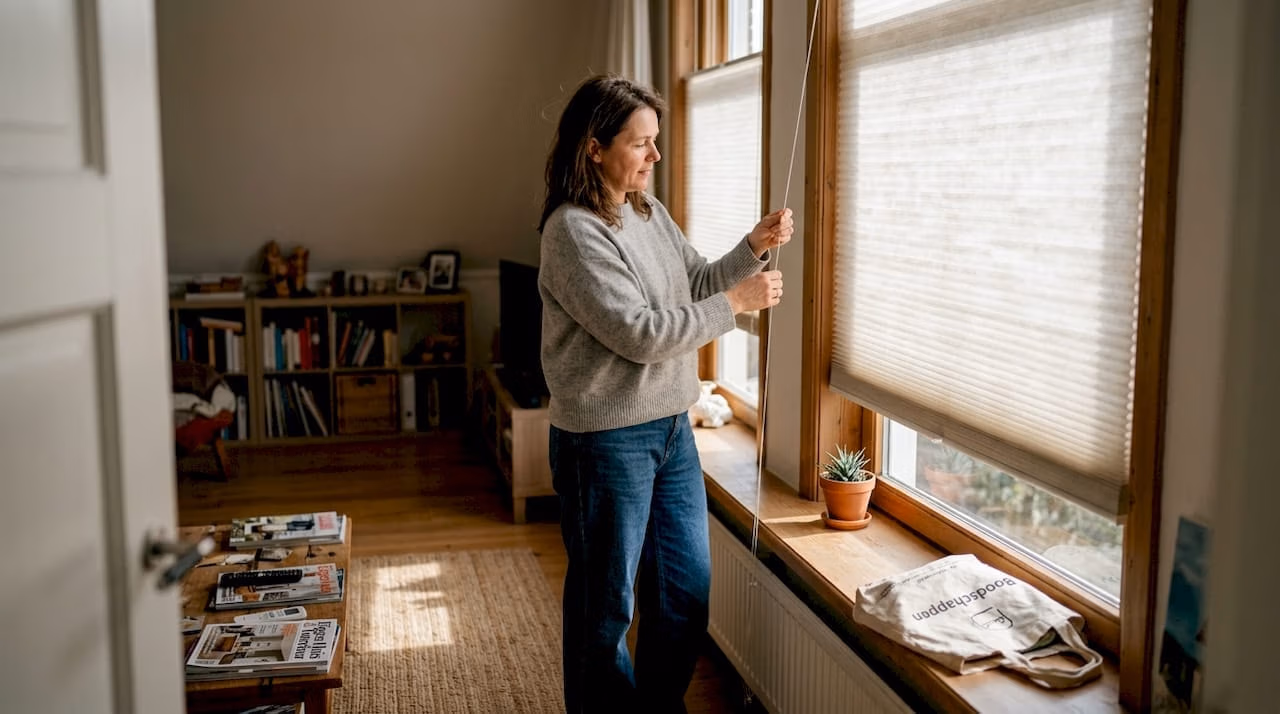 Een huiseigenaar stelt energiebesparende raamdecoratie af om optimaal gebruik te maken van het daglicht.