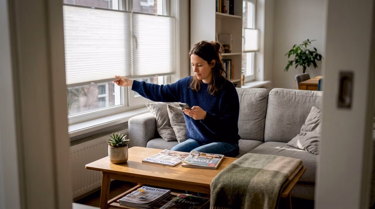 1774402168911_Woman-adjusts-honeycomb-blinds-in-living-room - RDT-concept Een vrouw stelt de honingraatplissés in de woonkamer bij RDT concept