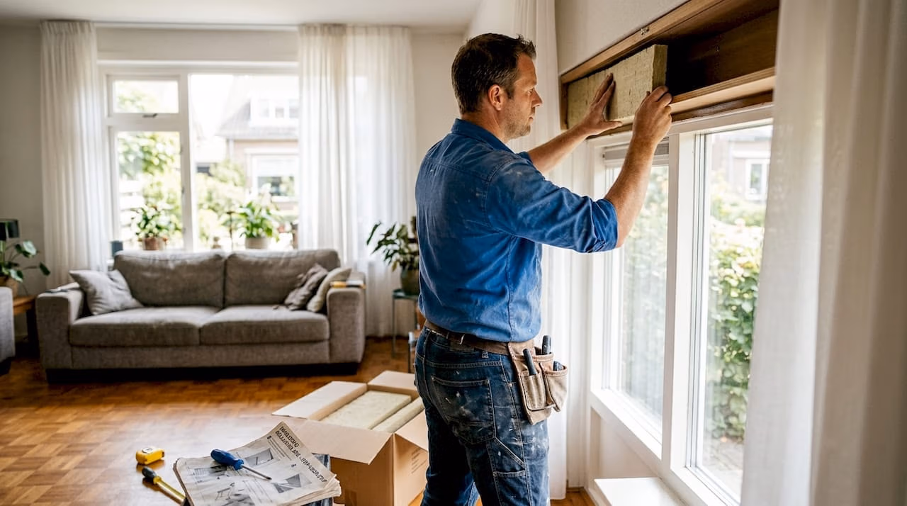 Een monteur brengt isolatie aan bij de rolluiken in huis   RDT concept