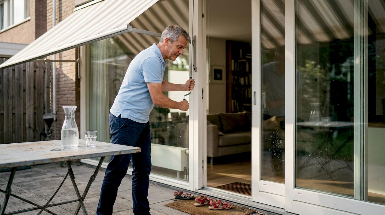 Op een zonnige dag draait een man het zonnescherm uit bij zijn huis zodat het gezin lekker in de schaduw kan zitten   RDT concept
