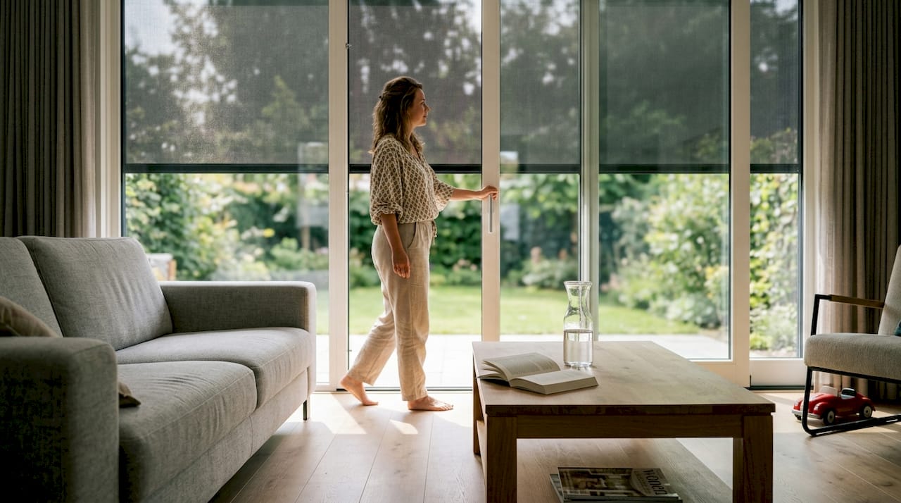 Zonnige woonkamer met buitenzonwering en een bewoner die volop van de zomer geniet   RDT concept