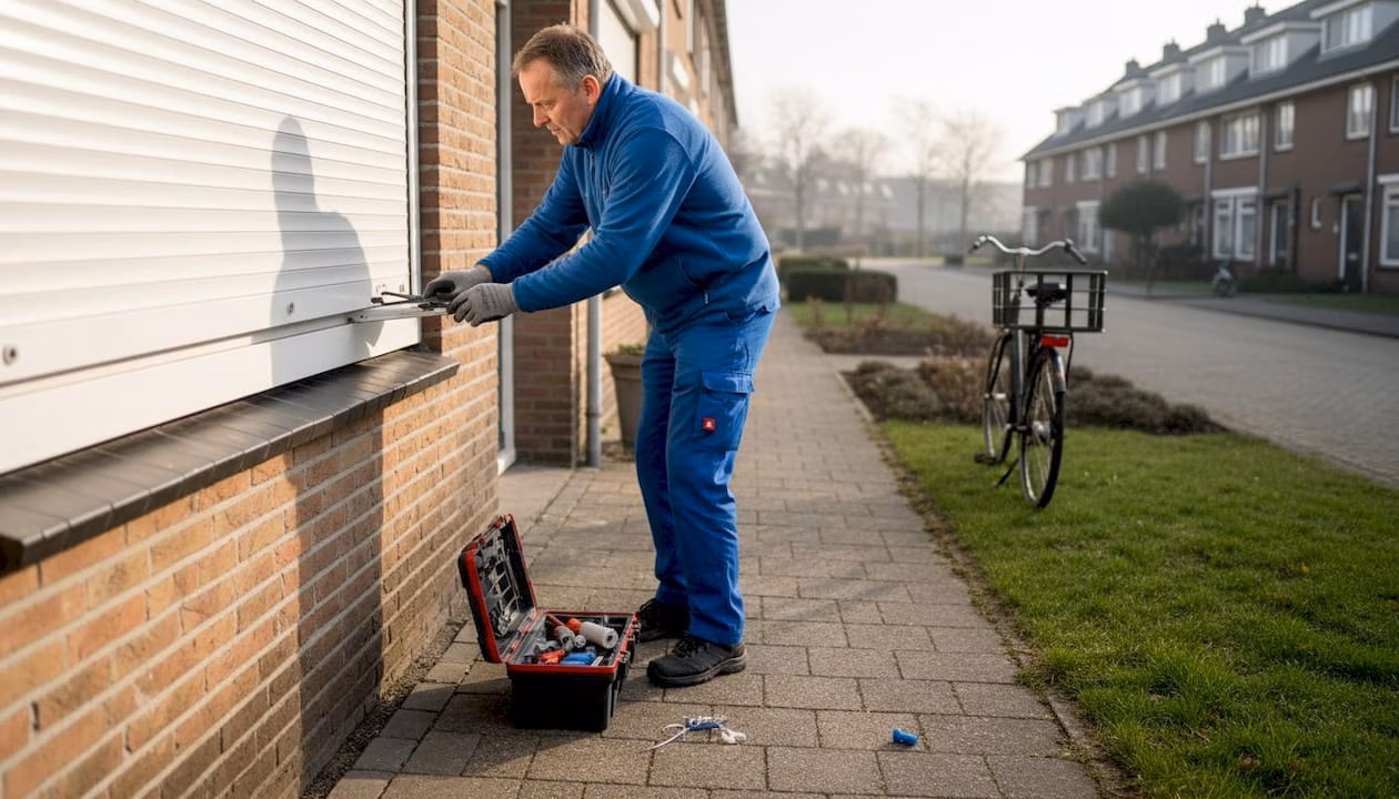 Een monteur is bezig met het herstellen van een rolluik aan de buitenkant van een woning   RDT concept