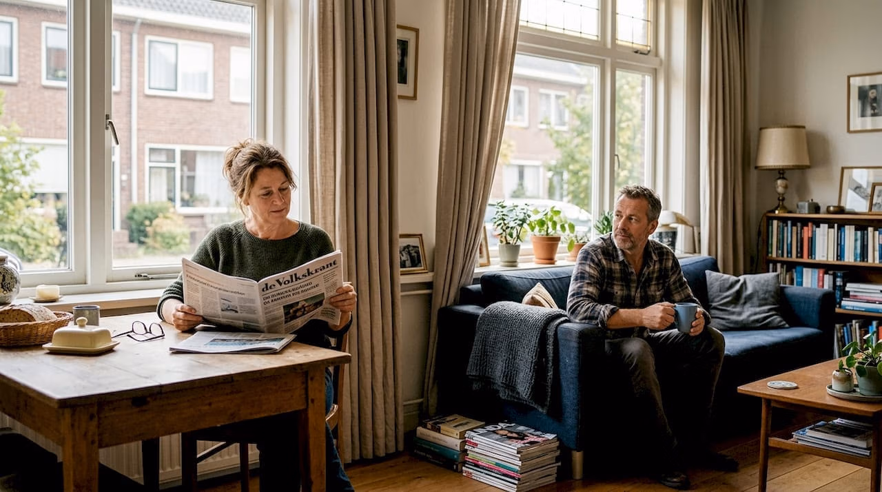 Een gezin gezellig samen in de woonkamer waar de gordijnen sfeervol zijn dichtgetrokken   RDT concept