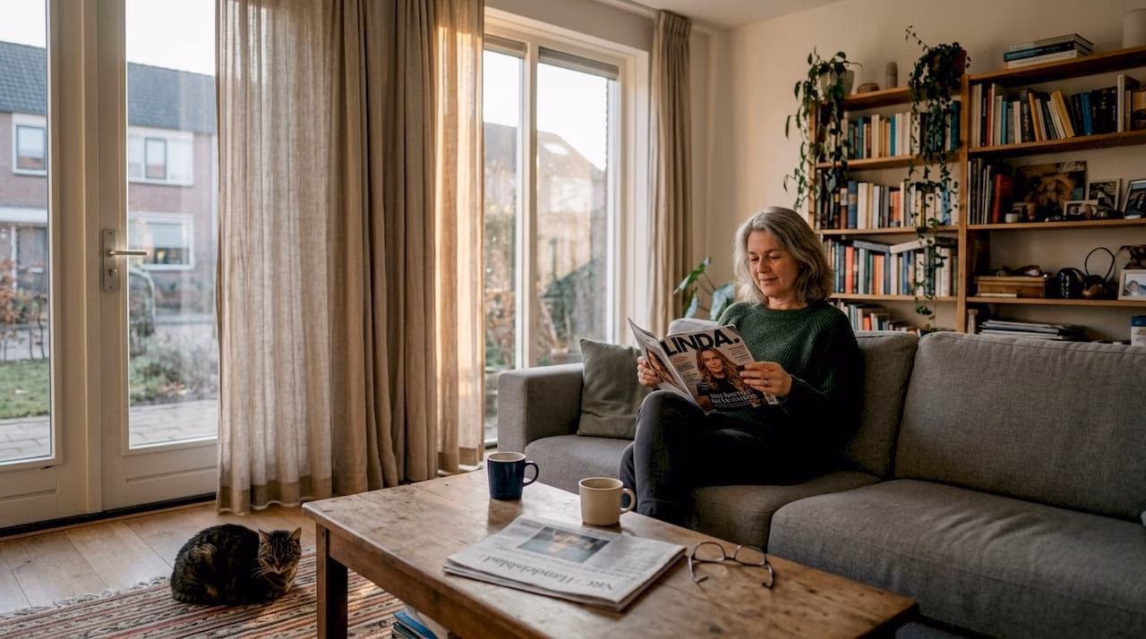 Een sfeervolle woonkamer waar de gordijnen deels dicht zijn en het avondlicht zacht naar binnen valt   RDT concept