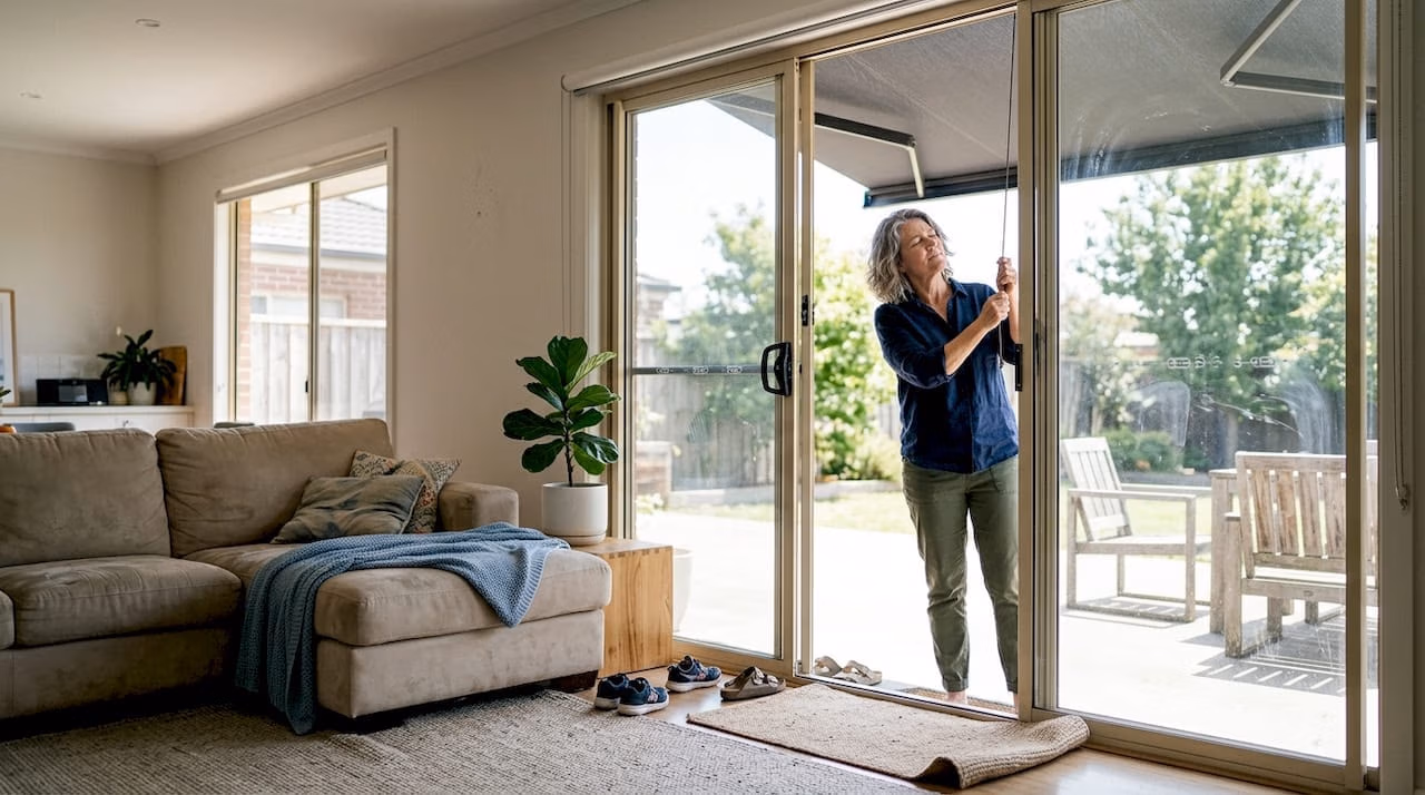 Een vrouw stelt het zonnescherm bij aan de deur in de woonkamer   RDT concept