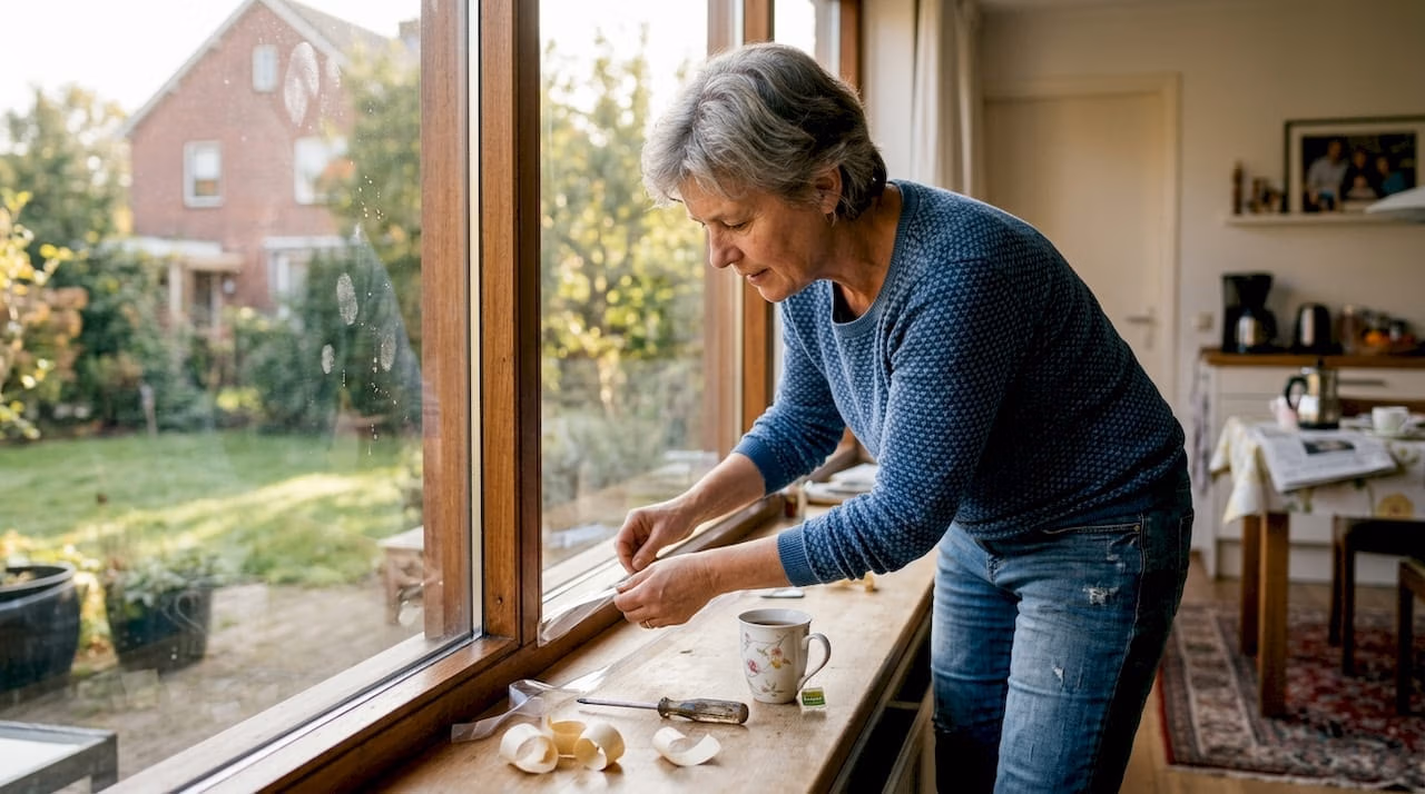 Een vrouw brengt een veiligheidsstrip aan op het raam in de keuken   RDT concept