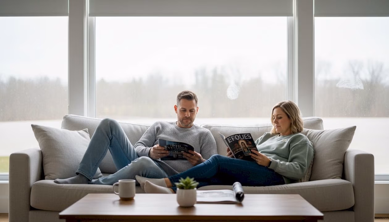 Het gezin zit lekker te ontspannen in de woonkamer terwijl de rolluiken dicht zijn   RDT concept