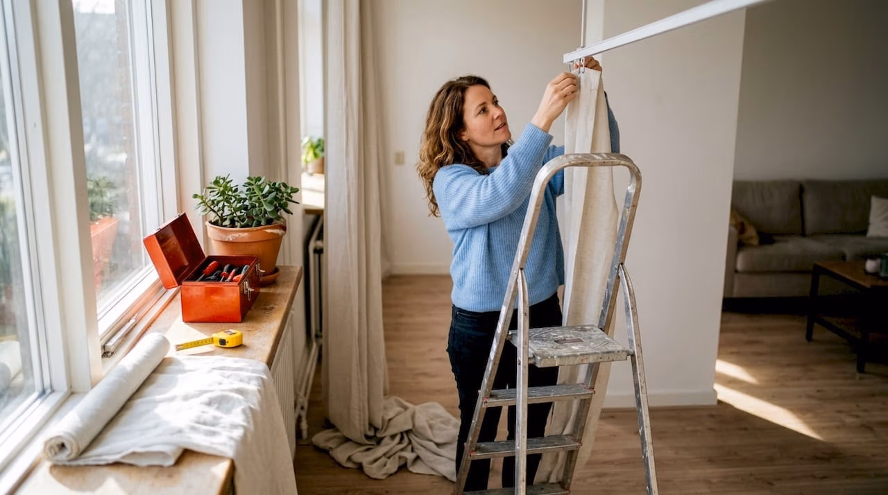 1775698499226_Vrouw-hangt-gordijn-op-in-woonkamer - RDT-concept Een vrouw is bezig om nieuwe gordijnen op te hangen in de woonkamer RDT concept