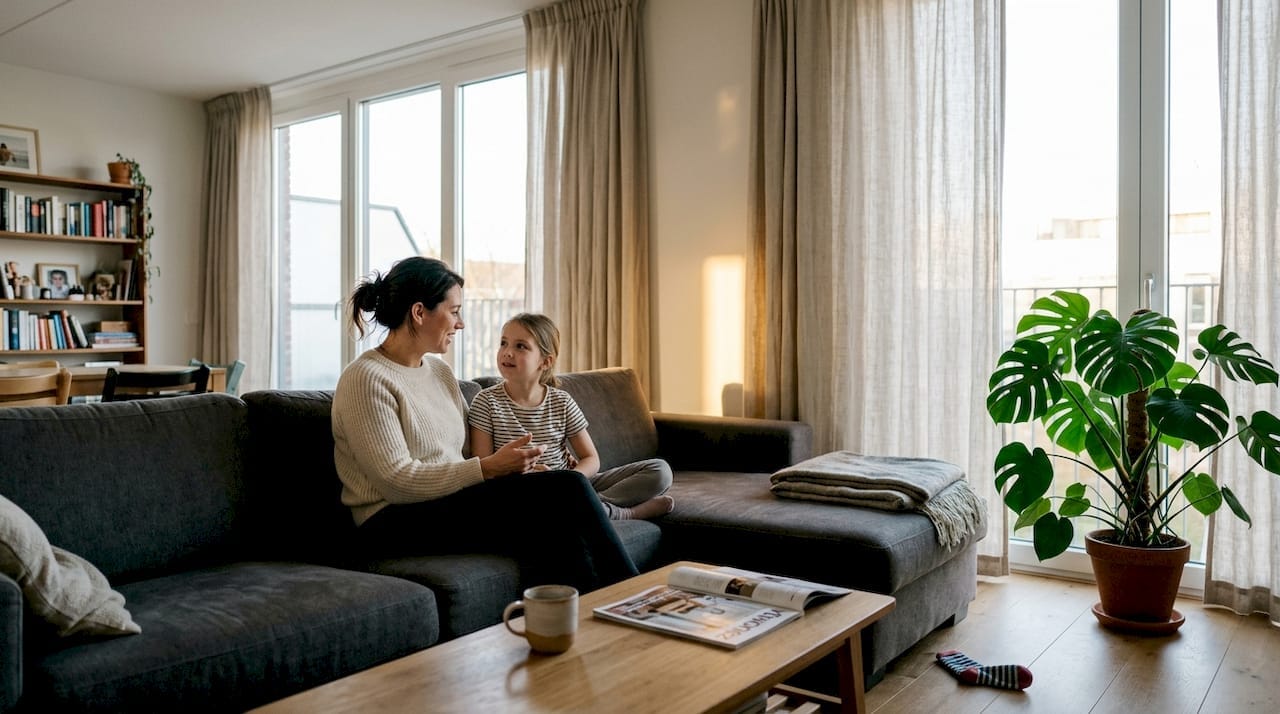 Een gezin samen in de woonkamer waar hoge gordijnen tot aan de vloer hangen   RDT concept