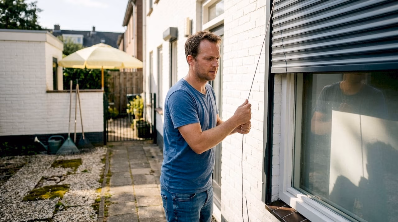 Man installeert rolluik aan het raam aan de zonnige kant van het huis   RDT concept