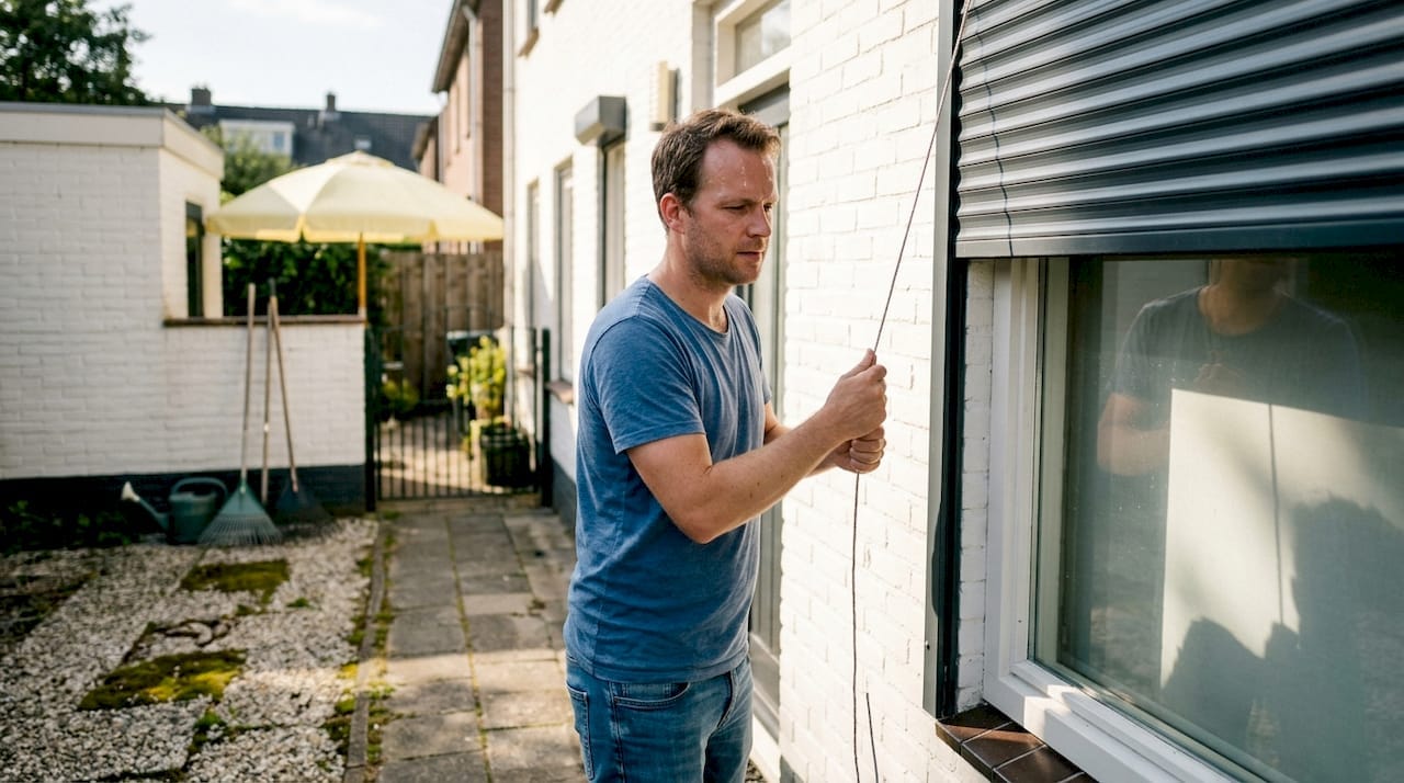 Man installeert rolluik aan het raam aan de zonnige kant van het huis   RDT concept